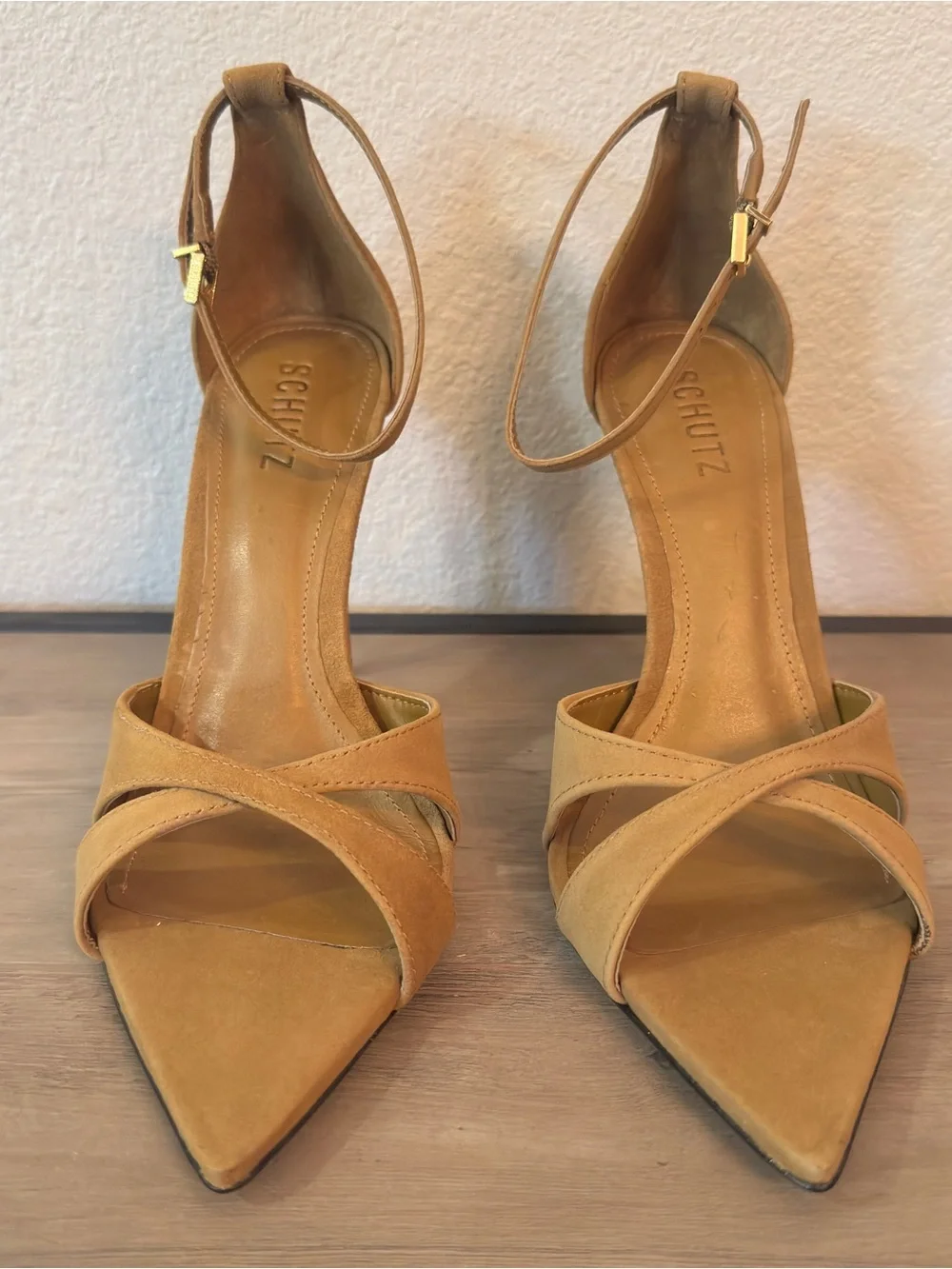 Schutz Hilda Leaf Suede Stiletto Sandals Dried Pistachio Pointed Toe 9B - Picture 4 of 8